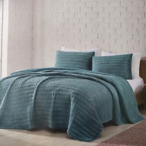 3 Pc West Key Deep Teal Faux Fur Queen Quilt Set